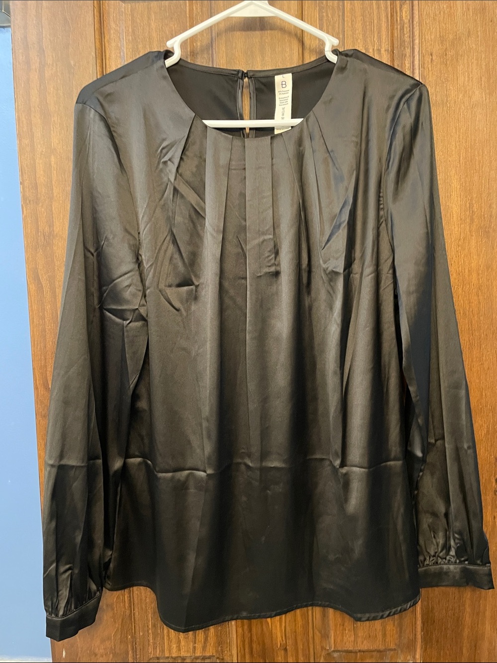 Black Satin Long Sleeve Pleated Blouse